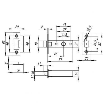 Защелка врезная межкомнатная BUSSARE L6-45 ANT. BRONZE Античная бронза